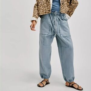 Free People River Stone Pants Blue Cargo Jogger Slouchy Boho Pockets Sz XL NEW
